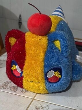 Plush Birthday Party Cake Toy - Red Yellow Blue with Cherry Top